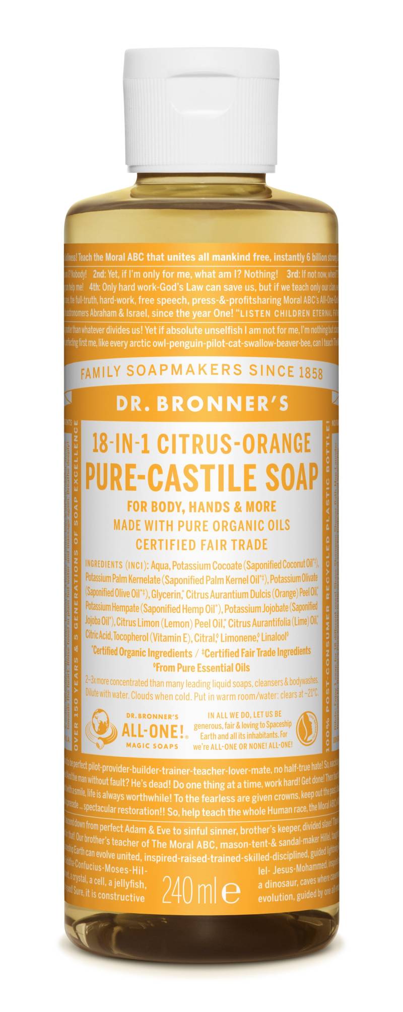 Dr. Bronners Pure Castile Soap  Citrus Orange | 18-I-1 Naturlig & Alsidig Pleje - Sæbe - Dr. Bronner`s - Studiobuus