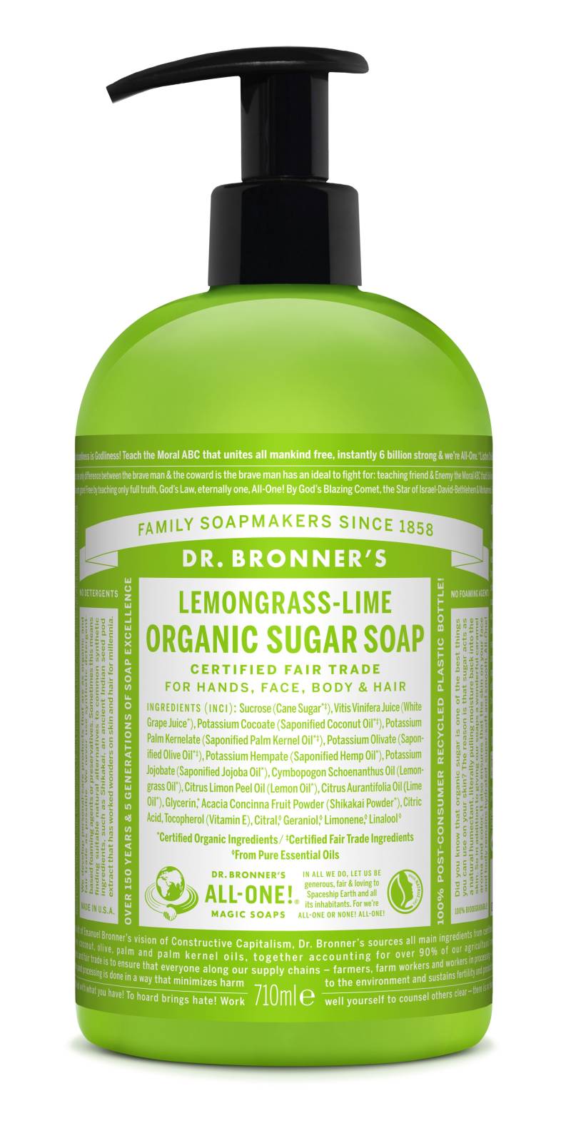 Dr. Bronners Organic Sugar Soap  Lemongrass & Lime | 4-I-1 økologisk Pleje - Sæbe - Dr. Bronner`s - Studiobuus