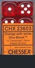 Dice - Terningesã¦t - 12 Stk. 6 Sidet (d6) - Translucent - Orange / White - !terninger & Tilbehã¸r