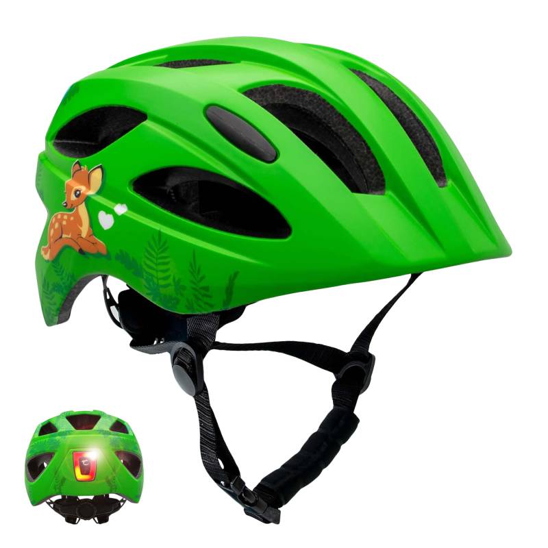 Grøn Cykelhjelm Til Børn I Alderen 6 - 12 år 54-58 Cm Med Usb Genopladeligt Indbygget Rødt Led Lys. Sikkerhedstestet Og En 1078 Certificeret - Crazy Safety