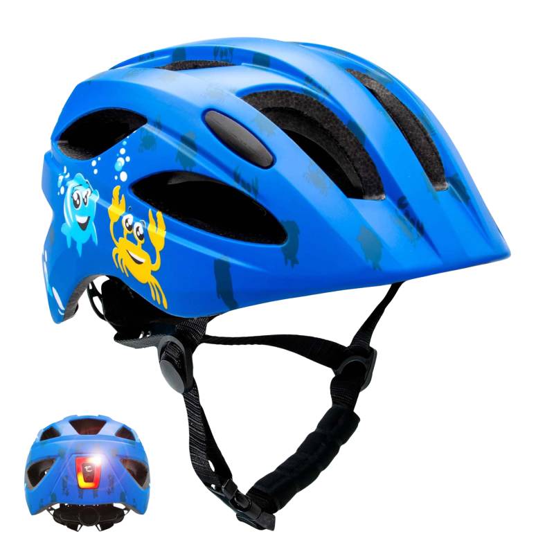 Blå Havcykelhjelm Til Børn I Alderen 6 - 12 år 54-58 Cm Med Usb Genopladeligt Indbygget Rødt Led Lys. Sikkerhedstestet Og En 1078 Certificeret - Crazy Safety