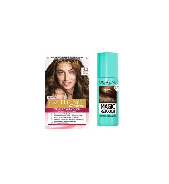 L'oréal Paris Excellence Creme Hair Color 4.3 Golden Brown & Magic Retouch Brown Instant Root Concealer Spray 1 Pcs + 75 Ml