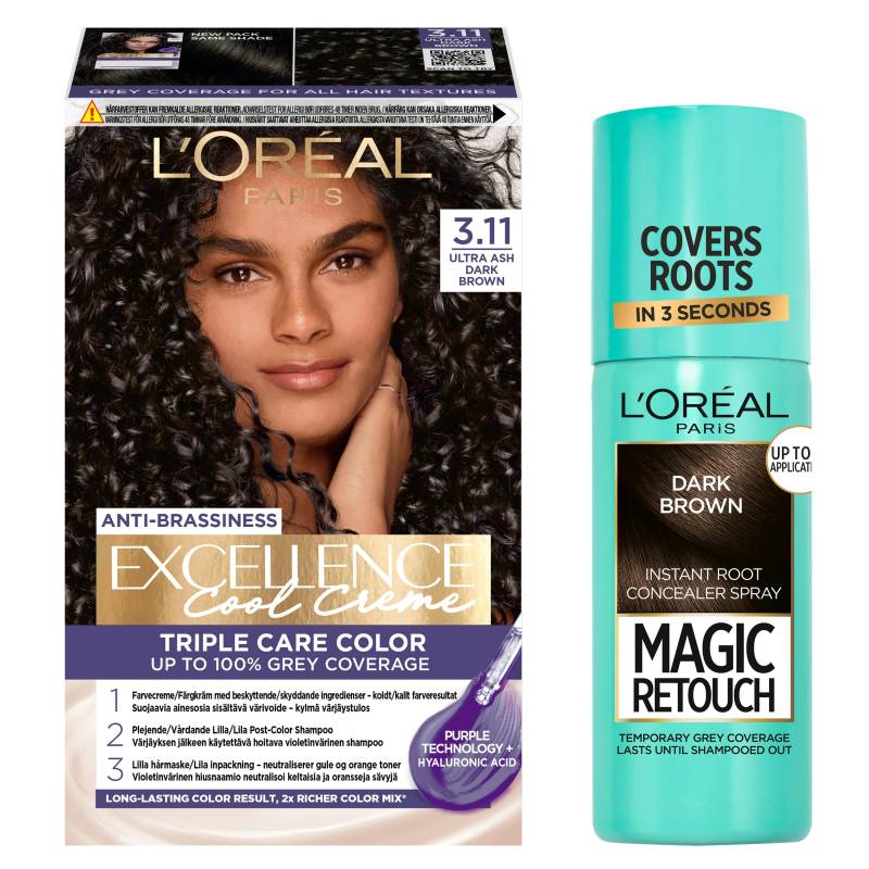 L'oréal Paris Excellence Creme Hair Color 3.11 Ultra Ash Dark Brown & Magic Retouch Dark Brown Instant Root Concealer Spray 1 Pcs + 75 Ml