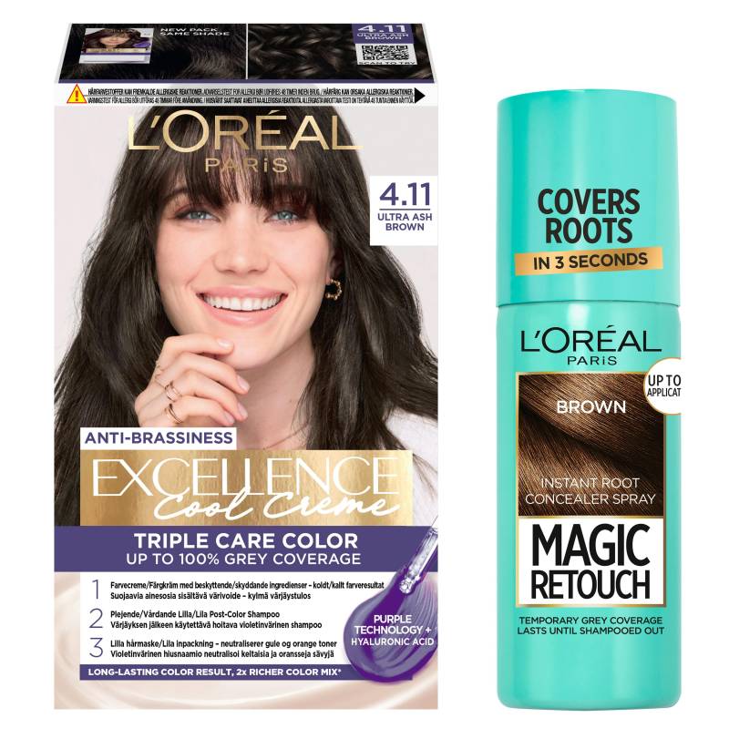 L'oréal Paris Excellence Creme Hair Color 4.11 Ultra Ash Brown & Magic Retouch Brown Instant Root Concealer Spray 1 Pcs+ 75 Ml