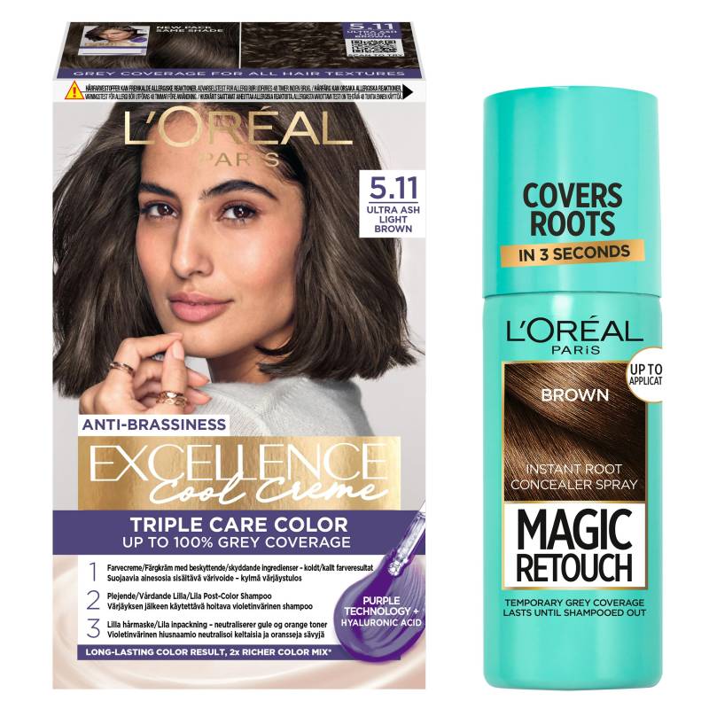 L'oréal Paris Excellence Creme Hair Color 5.11 Ultra Ash Light Brown & Magic Retouch Brown Instant Root Concealer Spray 1 Pcs + 75 Ml