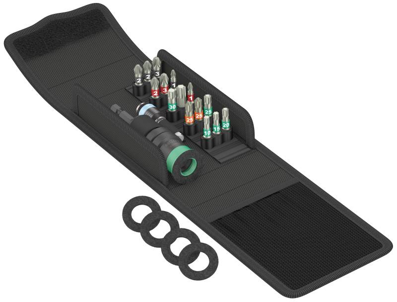 Terrassemontagesæt T1, 15 Rustfri 1/4" Bits+holder - Wera