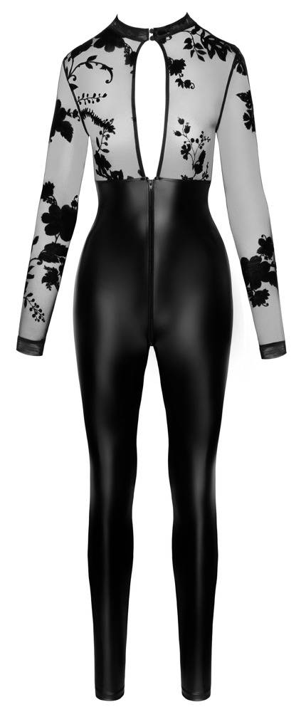 Jumpsuit I Powerwet-Look Med Diskret Fløjlsflocket Stretch-Tyltop - Noir