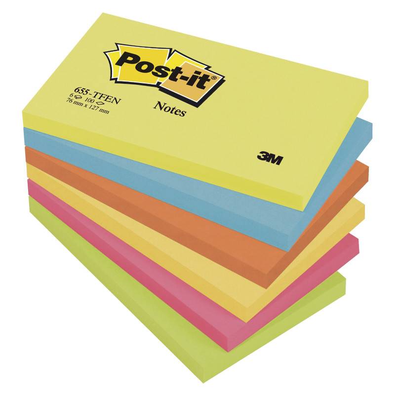 Post-It Notes 655 Tfen 76 X 127 Mm. I Neonfarver,  6 Blokke