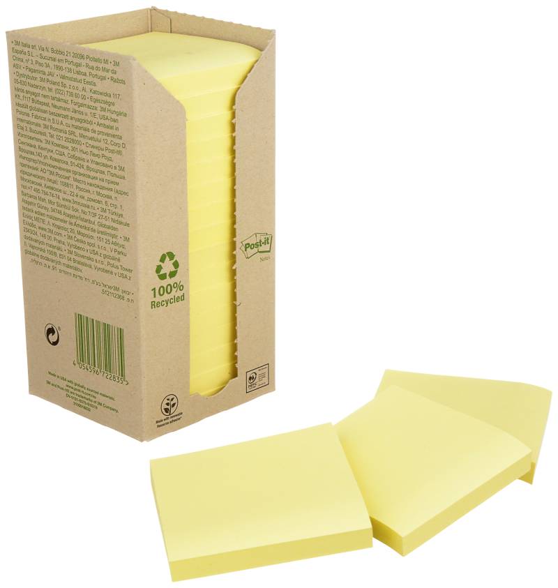 Post-It Blokke, Gul Genbrugspapir, 76ã—76mm, 16stk - 3m
