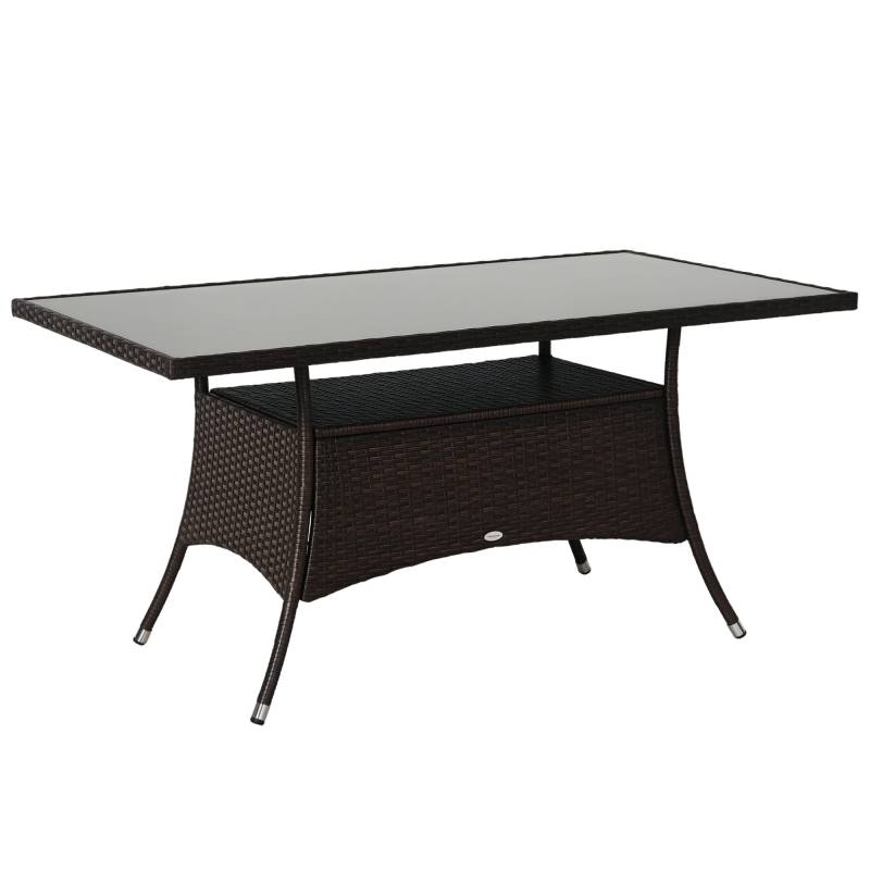 Havebord Glasbord Spisebord Havemøbelbord, Polyrattan + Sikkerhedsglas, Brun + Sort, 150x85x74cm - Aosom