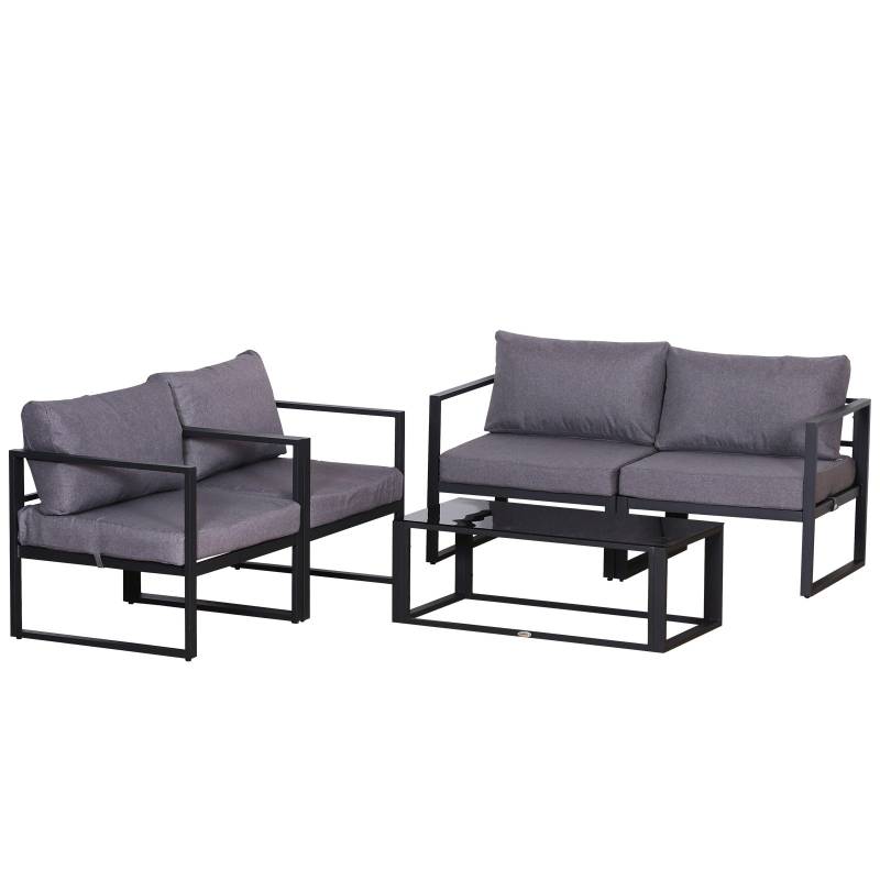 Havemøbelsæt Med Fire Dele, Siddegruppe, Sofa Med Sædehynder, Bord Med Opbevaringsplads, Polyester, Grå, 138 X 69 X 63 Cm - Aosom