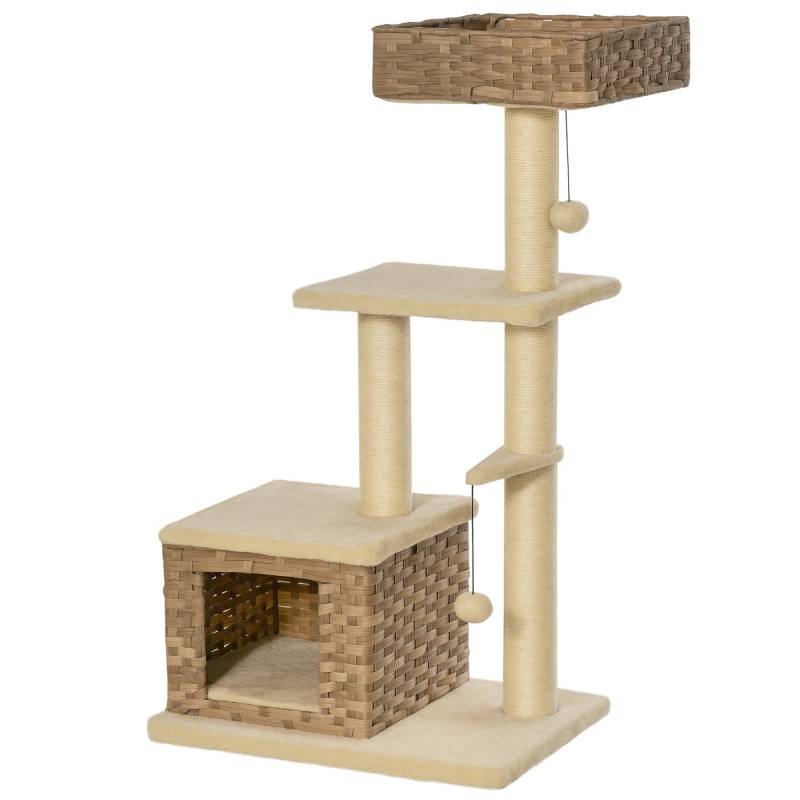 Rattan Kradsetræ Til Katte, Kradsetræ Til Killinger Med Kattehulebold, Sisal, Blødt Plys, Pe, Højde 108 Cm, Brun+beige - Aosom