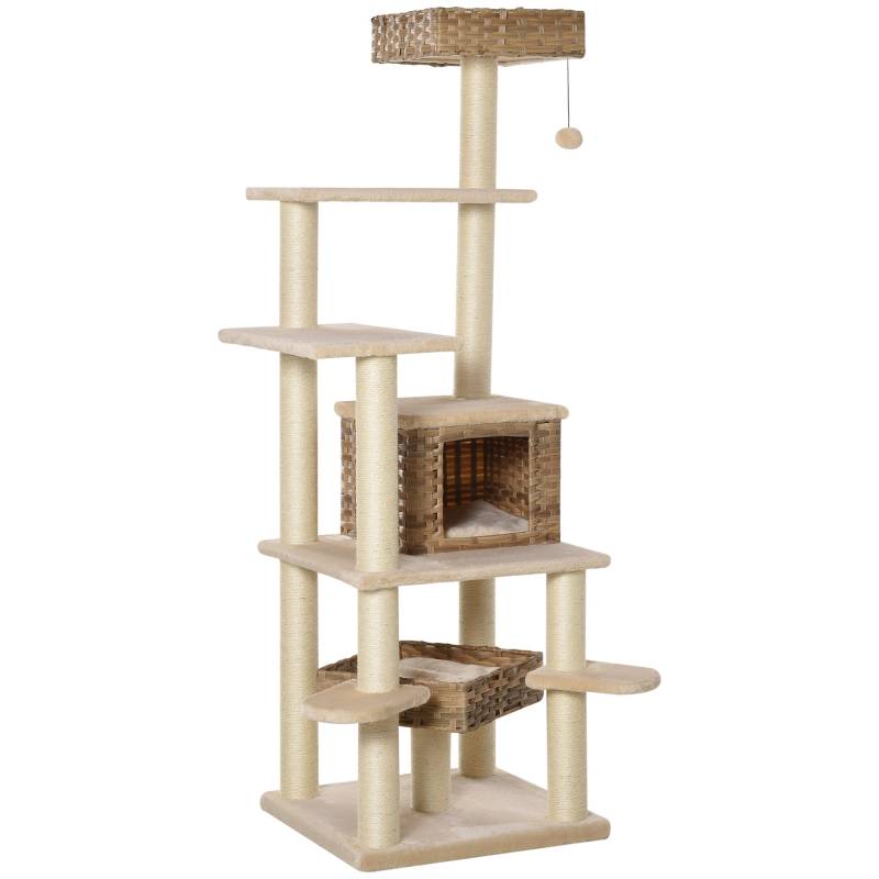 Rattan Kradsetræ Med Kattehule Kradsetræ I Flere Niveauer, Klatretræ Til Katte, E1 Mdf Sisal, Beige+brun, 55 X 55 X 174 Cm - Aosom