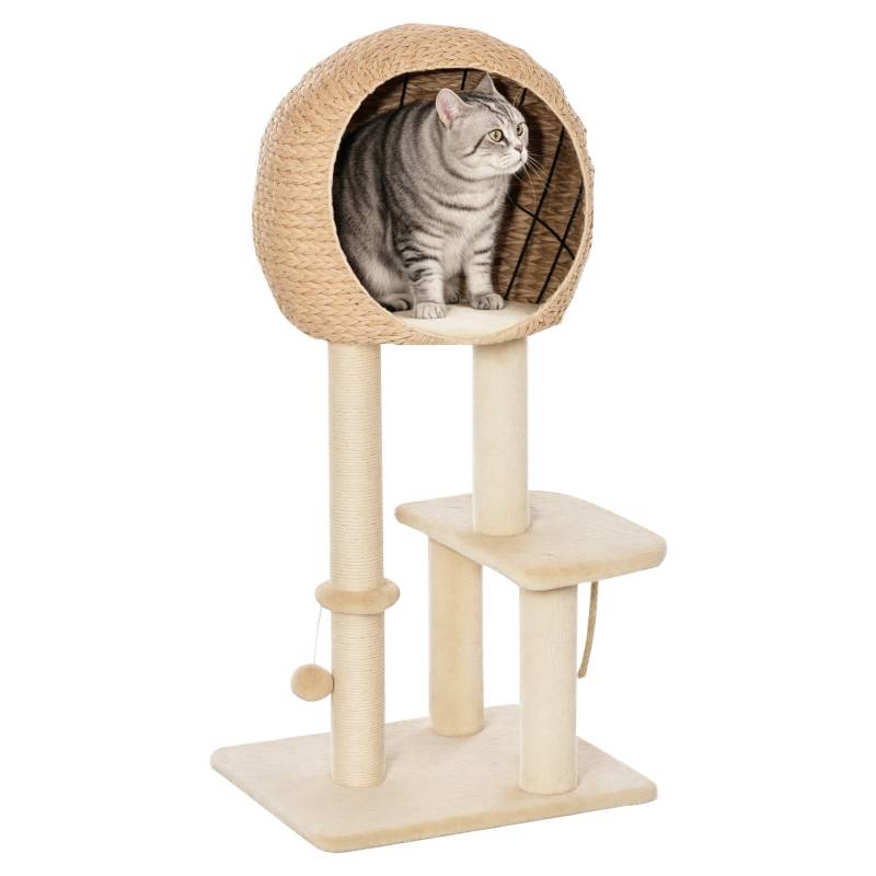 Kradsetræ 100 Cm Kattetårn Med Hule, Legebold, Sisalstolper, Platform, Kradsetræ I Flere Niveauer, Klatretræ, Til Mellemstore Katte, Beige - Aosom