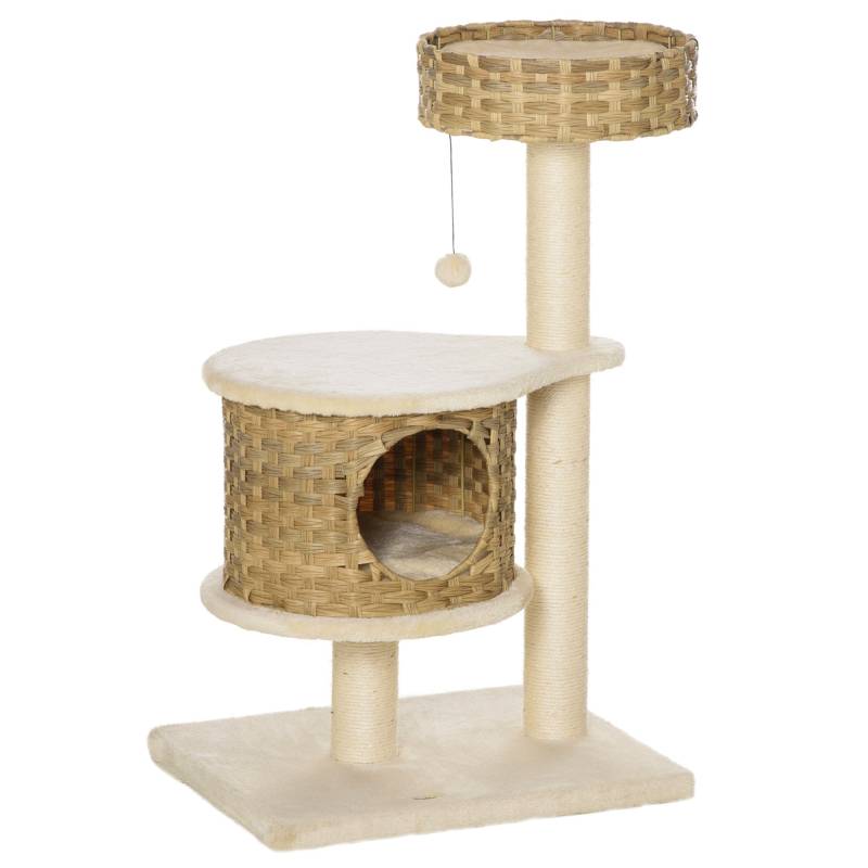 Kradsetræ Rattan 95 Cm Højde 3-Lags Kradsetræ Med Platform, Katteseng, Klatretræ Med Kattehule Sisalstolper Legebolde Kattemøbler Sisal Naturlig+beige - Aosom