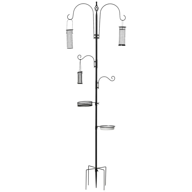 Fuglefoderstationssæt Af Stål, Højde 208 Cm, Inklusive 4 Kroge, Fuglebad, Foderplade, Komplet Fodersøjle, Fuglefoderstation, Sort - Aosom