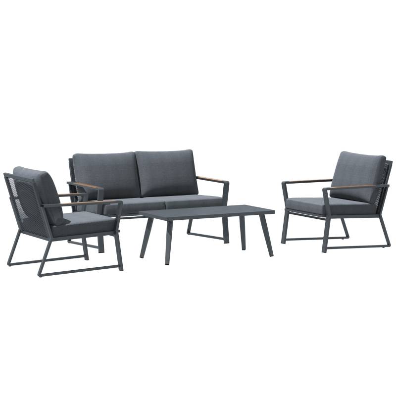 Havemøbelsæt Til 4 Personer, Sofa, Lænestol, Sidebord, Polyrattan, Aluminium, Grå - Aosom