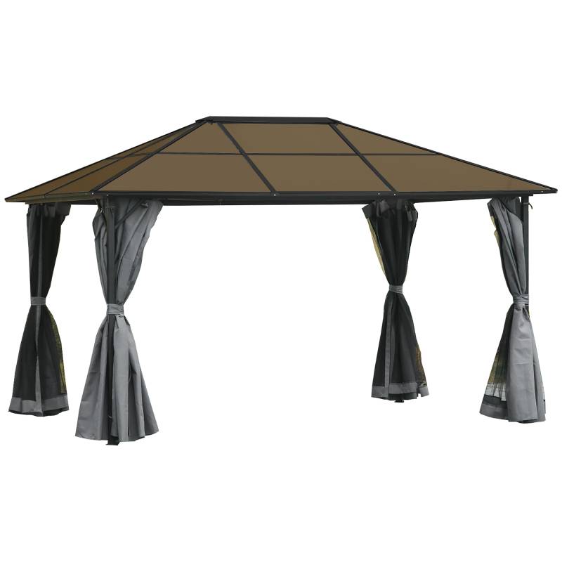Solrig Pavillon Med Polycarbonattag, Gardiner Med Fluenet, Aluminiumsramme, Mørkegrå, 3 X 4 X 2,6 M - Aosom