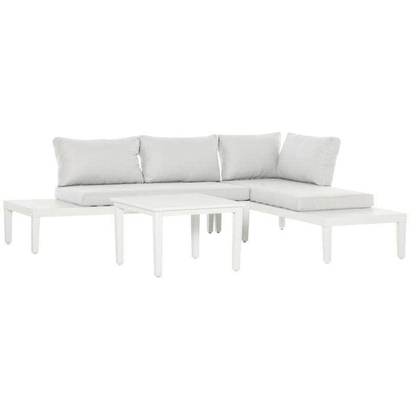 Havemøbelsæt Til 3 Personer Med Sidebord Og Sofa Med Hynder, L-Formet Udendørs Aluminium, Cremehvid - Aosom