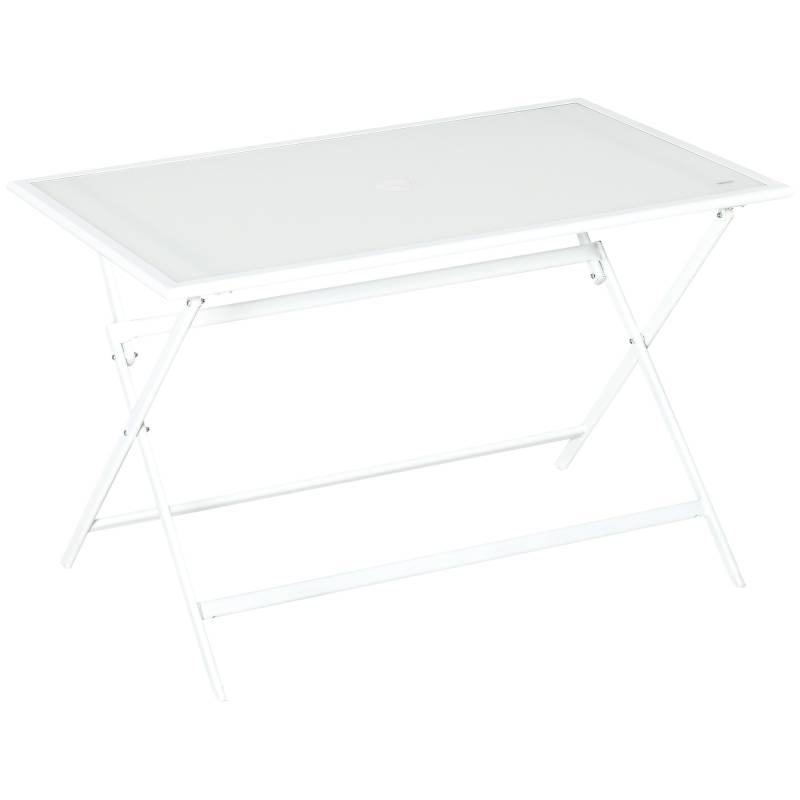 Klapbord Havebord Med 42 Mm 50 Mm Paraplyhul Klapbord Foldbart Sidebord Balkonbord Picnicbord Spisebord Metal Hærdet Glas Hvid 110 X 70 X 70 Cm - Aosom
