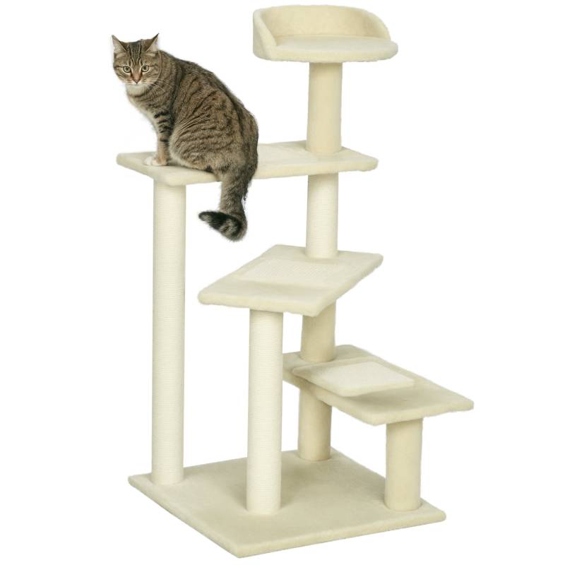 Kradsetræ 100 Cm Kattetårn Med Sisalstolper, Stor Platform, Kradsetræ I Flere Niveauer, Klatretræ, Til Små Og Mellemstore Katte, Beige - Aosom