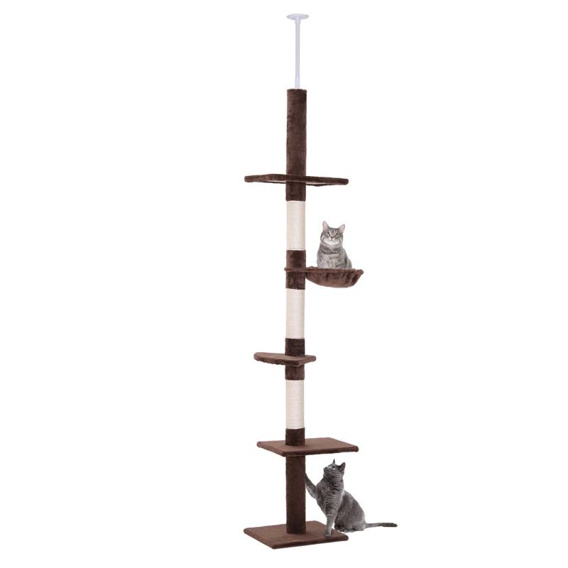 Kradsetræ Med Loftshøjdejusterbar, Robust Kradsetræ Med Sisalstolper, Klatretræ Til Katte, Brunt, 40 X 34 X 230-260 Cm - Aosom