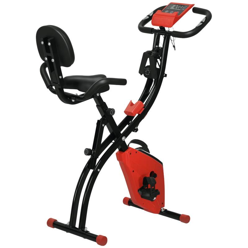 X-Bike 2-I-1 Motionscykel Med Lcd-Skærm, Pulsmåler, Foldbar Motionscykel Med 8 Niveauer Af Magnetisk Modstand, 1 Par Spændereb, Stålrød 105 X 48 X 118 Cm - Aosom