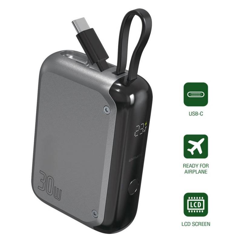 4smarts Pocket 10.000 Mah Powerbank, 30w Usb-C, Integreret Kabel, Space Gray