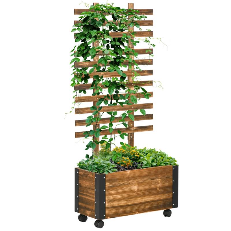 Højbed Med Espalier, 4 Hjul, Behandlet Massivt Træ, 65 Cm X 31 Cm X 147 Cm, Sort + Brun - Aosom
