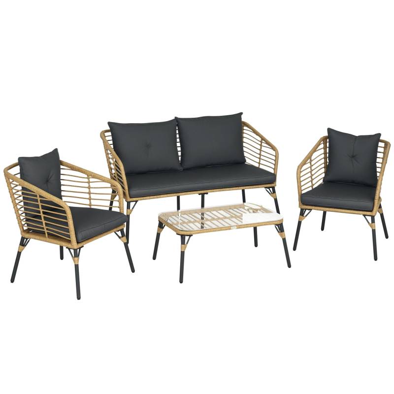 Havemøbelsæt Til 4 Personer, Rattan Siddesæt Med Hynder, Boho-Stil Balkonmøbler, Sand + Mørkegrå - Aosom