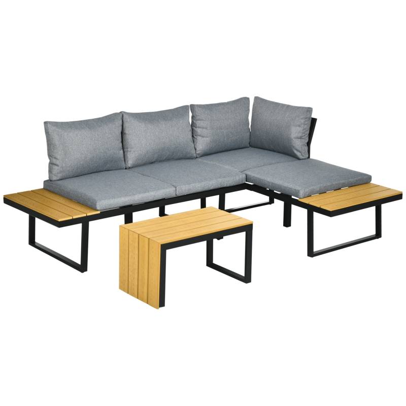 Havemøbelsæt Til 3 Personer, Balkonmøbler Med Siddehynder, Aluminiumsstel, Trælook, Mørkegrå + Natur - Aosom