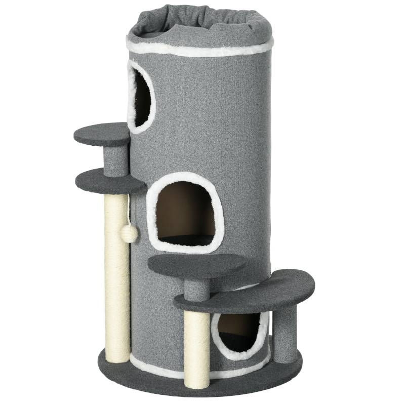 Kradsetræ Til Katte, 2 Kattehuler, 4 Hvileområder, 4 Kradsetræer, 57 Cm X 57 Cm X 99 Cm, Grå + Hvid - Aosom