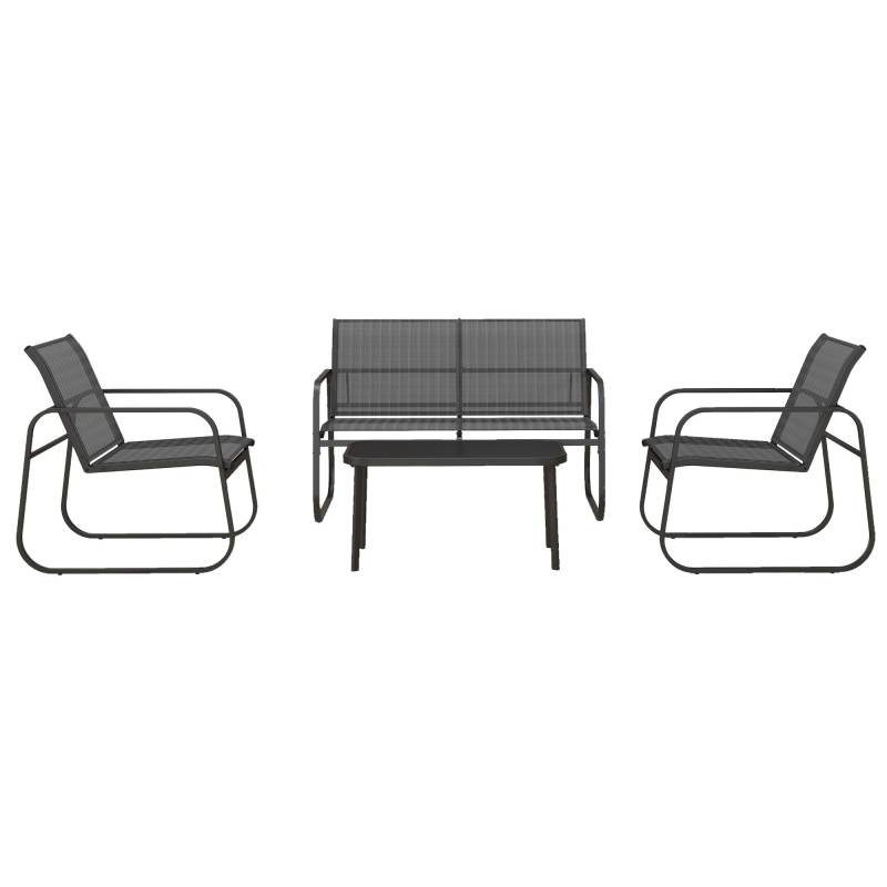 Havemøbelsæt Med 4 Dele, 2 Lænestole, 2-Personers Sofa, Glasbord, åndbart Stof, Metalstel, Sort - Aosom