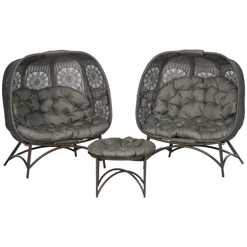 Havemøbelsæt, 2 Kurvestole Med Sidebord, Foldbare, Sædehynder, Metalstel, Farve: Sand - Aosom