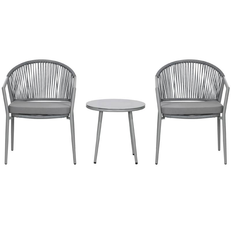Havemøbelsæt, 2 Stole Og 1 Bord Med Glasplade, Rattan-Look, Vejrbestandig, Metalstel, Grå - Aosom