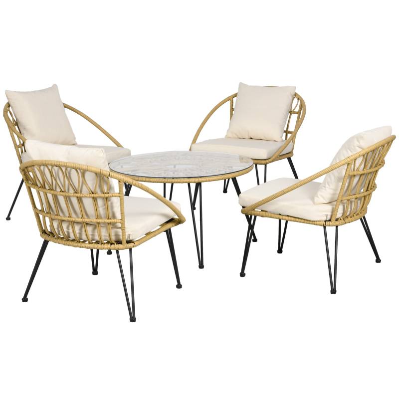 Havemøbelsæt Med 5 Dele, Bohemestil, 1 Spisebord Og 4 Stole, Hynder, Polyrattan, Beige/Natur - Aosom