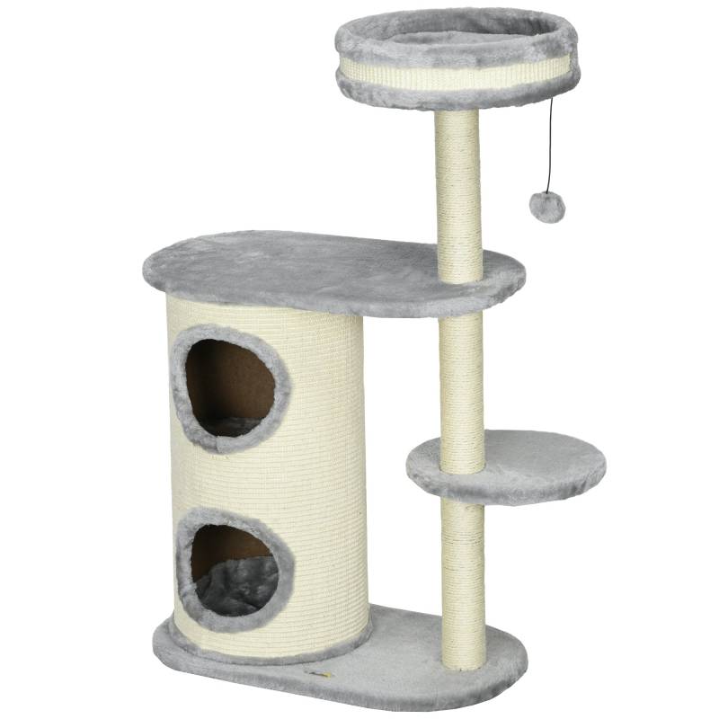 Kradsetræ Til Katte, Sisalrebstolper, Blødt Plys, Multi-Level, Boldlegetøj, Grå, 59x35x100 Cm - Aosom
