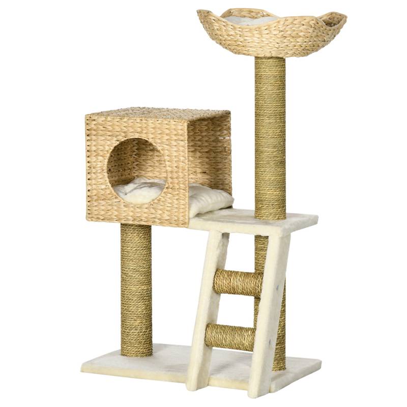 Kradsetræ Med Kattehus, Sisal Kradsetræer, Vaskbare Puder, 100,5h X 57l X 37b Cm, Hvid/Natur - Aosom