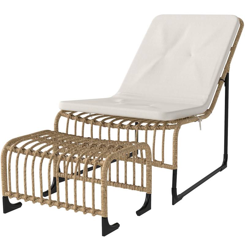Rattan-Afslapningsstol Med Fodskammel Uv-Bestandig Havestol Med Hynderemme 65 X 93 X 80 Cm Naturtræ - Aosom