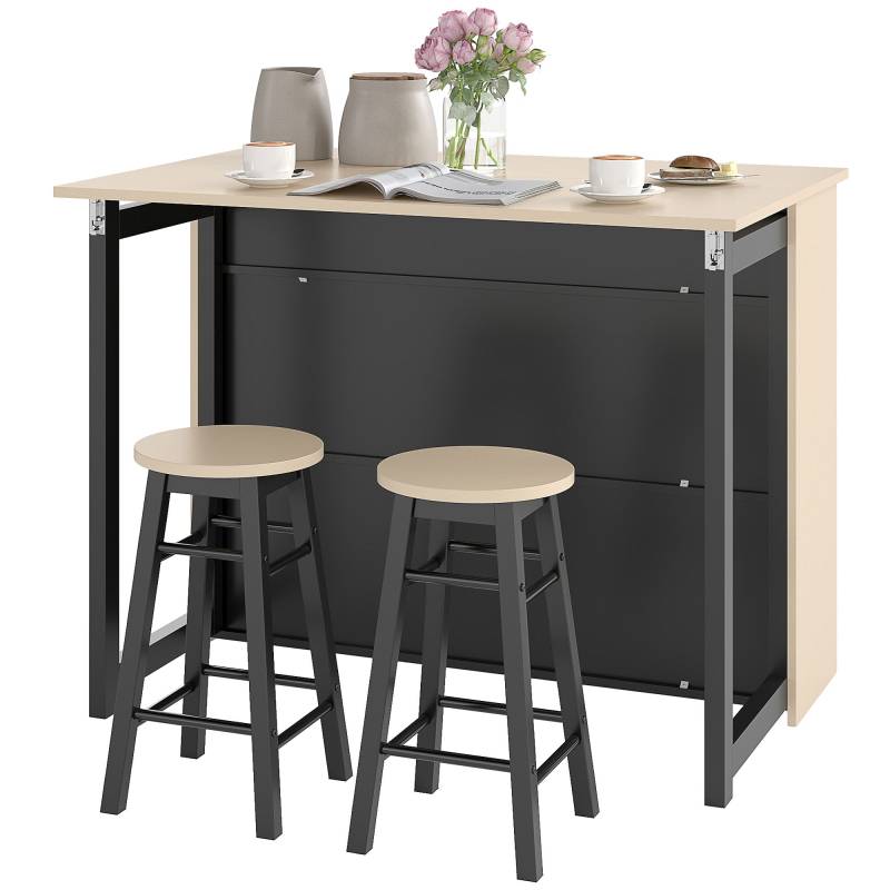 3-Delt Barsæt, Barbord Med Foldbar Bordplade, 2 Barstole, 6 Opbevaringsrum, Sort + Eg, 116 X 70 X 89,5 Cm - Aosom