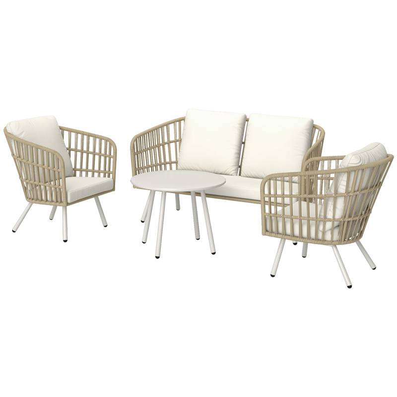 Havemøbelsæt Af Polyrattan Loungesæt Med 2-Personers Sofa, Lænestol, Bordhynder, Vejrbestandig Til 4 Personer I Khaki - Aosom