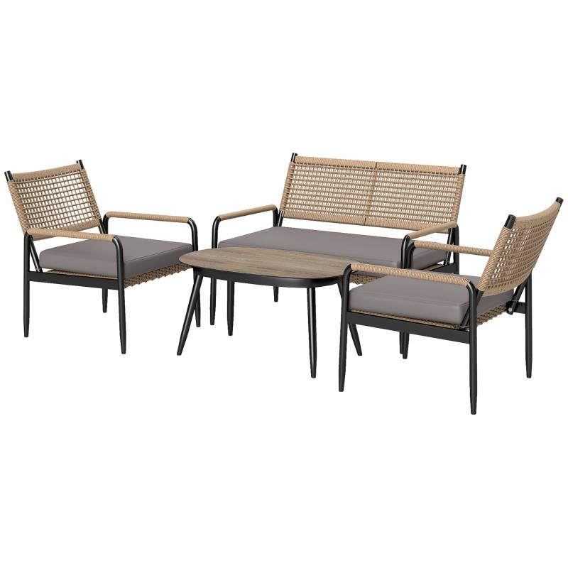 Havemøbelsæt Af Polyrattan Loungesæt Med 2-Personers Sofa, Lænestol, Glasbord, Hynder Til 4 Personer, Mørkegrå + Gul - Aosom