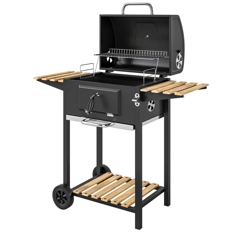 Kulgrill, Højdejusterbar Kulpande, Grillvogn, Hylder, Termometer, Flaskeåbner, Stål, Træ, Sort - Aosom