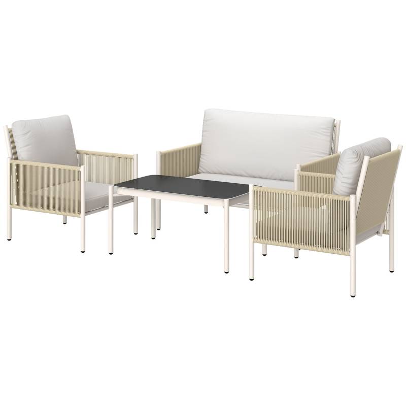 Havemøbelsæt Af Polyrattan Loungesæt Med 2-Personers Sofa, Lænestol, Glasbord, Hynder Til 4 Personer, Brun + Grå - Aosom