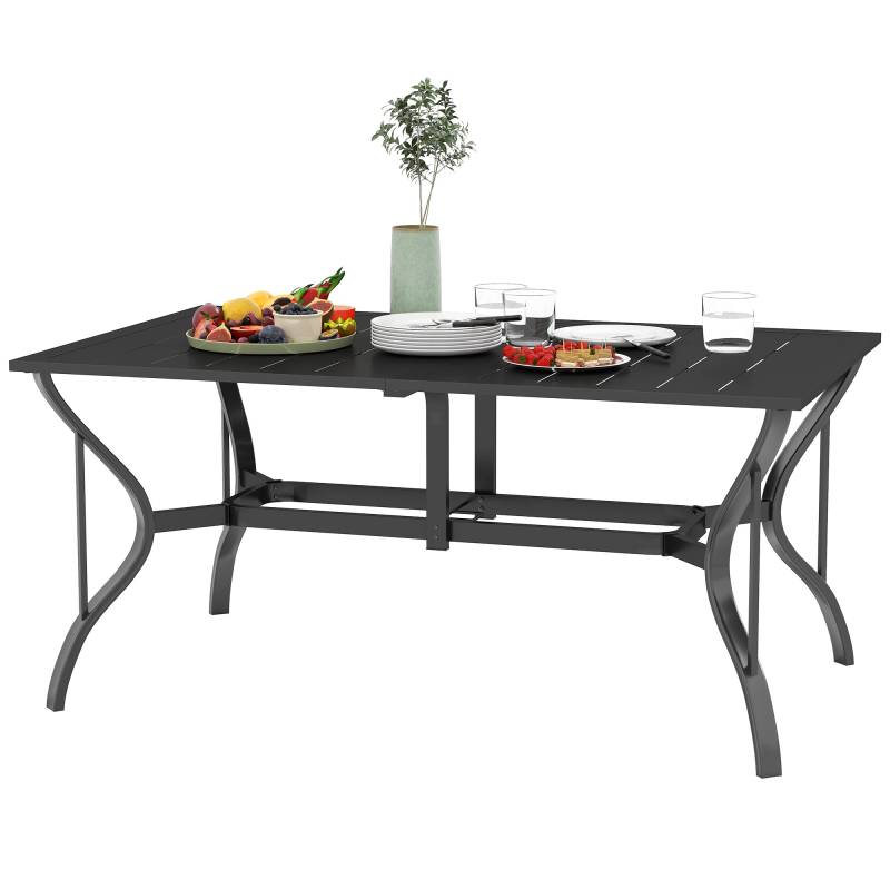 Havebord Stål 150x90 Cm Vejrbestandigt Balkonbord Med Parasolhul, Lameldesign Til 6 Personer Sort - Aosom