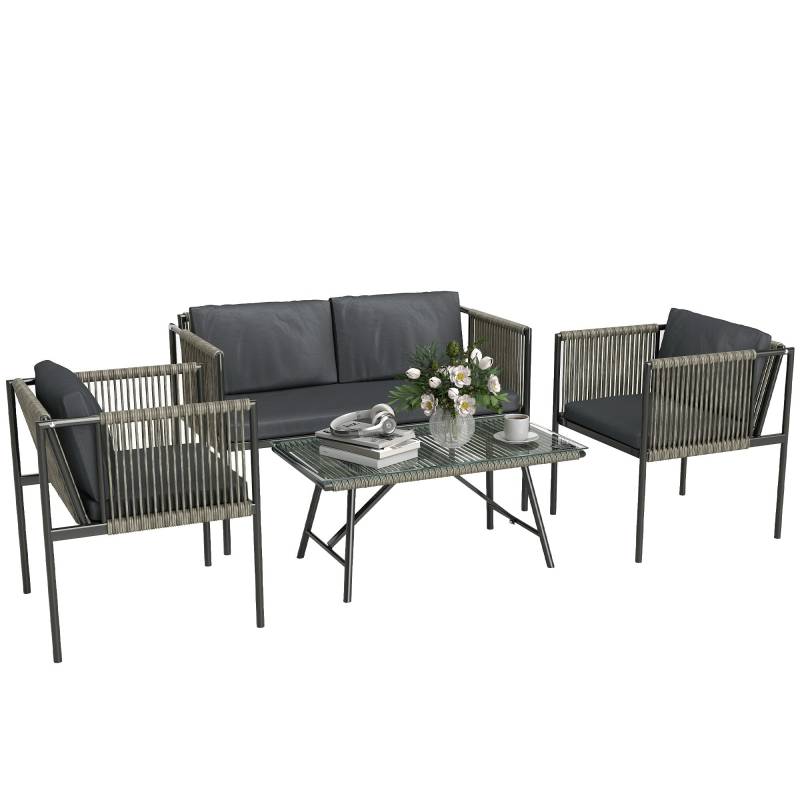 Havemøbelsæt Med 4 Dele, 1 Sofa, 2 Lænestole, 1 Glasbord, Hynder, Stålstel, Plastikrattan, Grå - Aosom