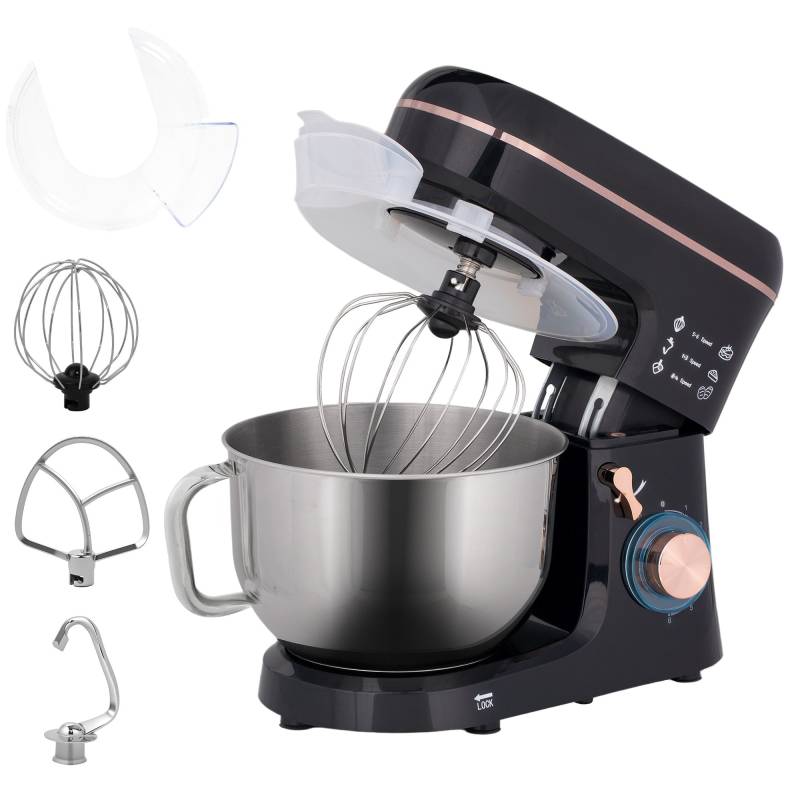 Standmixer, Foodprocessor, Omrører, 6 Hastigheder, 5,5 L Skål I Rustfrit Stål, Sort - Aosom