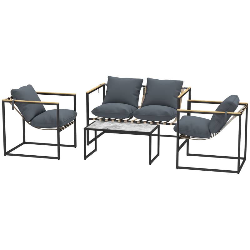 4-Delt Havemøbelsæt, Udendørsmøbelsæt, 2 Lænestole, 2-Personers Sofa, 1 Bord, Polstret, Stål, Polyester, Grå - Aosom