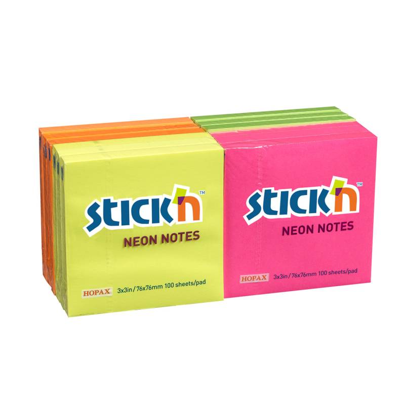 Notes Stick'n Neon - Gul, Blå, Magenta, Grøn 12 Blokke 76x76mm