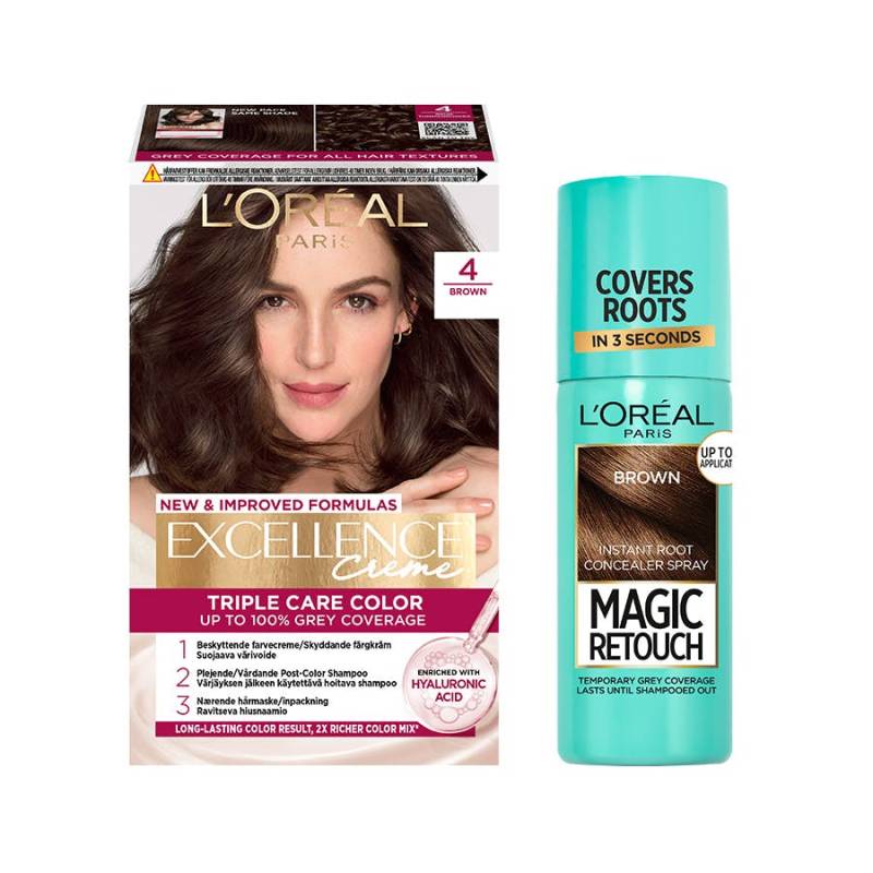L'oréal Paris Excellence Creme Hair Color 4 Brown & Magic Retouch Brown Instant Root Concealer Spray 1 Pcs + 75 Ml